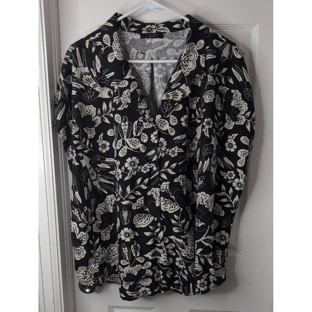 T Tahari Linen Viscose Blend Black & Cream Floral Button-Front Blouse Size 3X